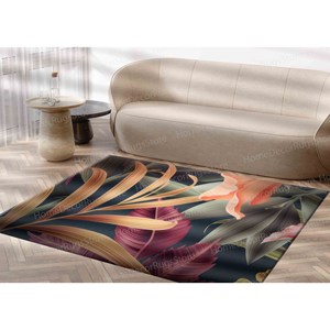 Tapis imprimé botanique, motif de feuilles de jungle florales, tapis de salle à manger coloré, tapis en velours de luxe - Product Image 3