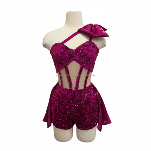 Costume de danse rose à paillettes pour femme, justaucorps une pièce avec découpes en mesh, tenue de scène pour performance, tenue de danse jazz - Product Image 6