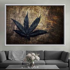 Lienzo con estampado de hoja de cannabis estilo grunge vintage, elegante decoración de pared, lienzo con marco blanco - Product Image 1