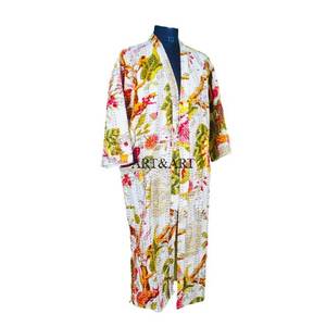 Kimono de Algodón Kantha Hecho a Mano, Elegante Diseño Floral, Estampado a Mano, Lavable, con Cinturón, Cómodo y Elegante para Primavera/Verano - Product Image 6