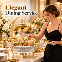 Plat de service OEM 8L en acier inoxydable avec couvercle suspendu doré et blanc, chauffe-plats pour buffet, hôtel, mariage, traiteur