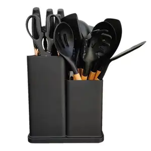 19 Piece Wooden Handle Kitchen Utensils Non-Stick Accessories Silicone Cooking Kitchen Utensil Set Tool Strap Holder Box