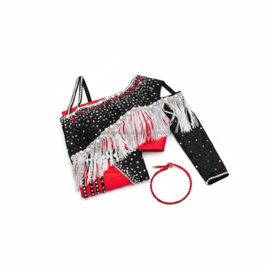 Traje de Baile con Pedrería Roja y Negra para Mujer, Asimétrico con Flecos, Brillante con Cristales, para Actuaciones de Samba Latina - Product Image 6