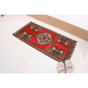 Turkish Vintage Rug 1.7x3.37 ft (52x103 cm), <b>Red</b> <b>Wool</b> Rug - Product Image 1
