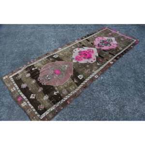 Alfombra de lana Vintage hecha a mano rectángulo grande 4,2X10,4 pies diseño de retazos en marrón rosa para dormitorio pasillo sala de estar látex - Product Image 3