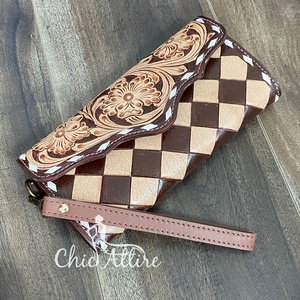 Cartera Larga de Cuero Auténtico con Diseño a Cuadros y Protección RFID, Estilo Occidental Premium, Hecha a Mano, con Correa para la Muñeca, Tarjetero y Bolso de Mano para Mujer - Product Image 1