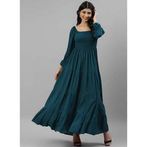 DEEBACO Women's Solid Viscose Rayon Smocked Tiered <b>Dress</b> 3/4 Puff Sleeves Square Neck Fit & Flare Maxi Length Summer Western - Product Image 6