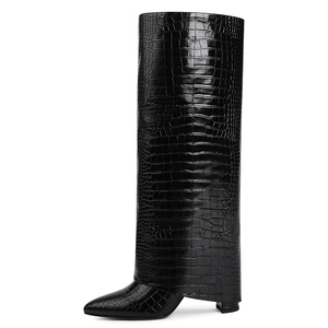 Botas Altas hasta la Rodilla con Plataforma y Tacón Ancho, Plegables con Punta Cuadrada, Botines Largos sin Cierre Superpuestos de Caña Ancha para Mujer en PU con Cremallera - Product Image 3