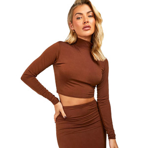 Las mujeres más elegantes, transpirables, de Color marrón, en blanco, cuello simulado, manga larga, Top corto, camisetas cortas informales ajustadas para mujer - Product Image 1