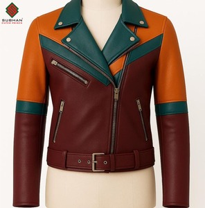 Blouson aviateur en cuir synthétique à blocs de couleur, style rétro décontracté pour l'hiver, couleur sarcelle et bordeaux, fermeture éclair, col mandarin, service OEM - Product Image 3