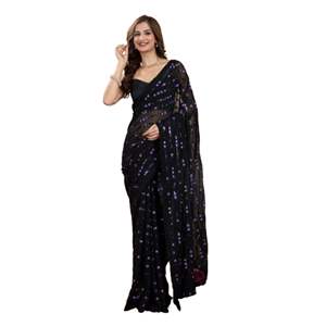 Trendmalls Saree à broderie en georgette pour femmes avec chemisier non cousu pour les mariages d'été/d'hiver (K1050-Black) - Product Image 1