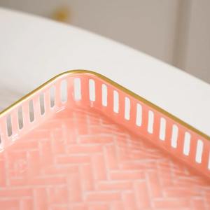 Set of 3 <b>Pastel</b> Rectangular Metal Vanity Trays Gold Trim Shabby Chic Herringbone Wedding Makeup Perfume Dresser Organizer - Product Image 2