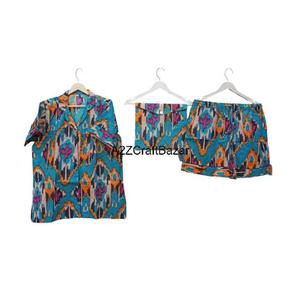 Ensemble de pyjama romantique à manches courtes pour femmes 100% coton doux respirant Fermeture à cordon Vêtement de nuit d'été - Product Image 1