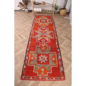 Alfombra Vintage, Alfombra Turca de 2.8x9.4 pies, Alfombra Persa de Lana Roja Marrón - Product Image 1