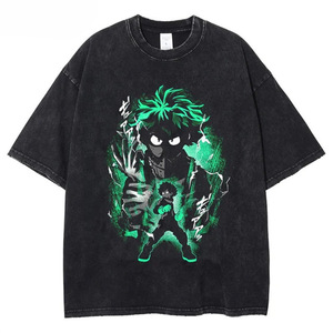 T-shirt décontracté en coton à demi-manches pour homme Impression de dessins animés solides à motifs personnalisés sur tissu tricoté style usé lavé - Product Image 6