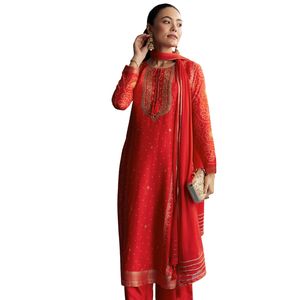 Costume de palazzo Bandhani en soie rouge avec broderie, vente en gros de vêtements ethniques pour femmes, usine de vêtements OEM, fournisseur en vrac, fabricant - Product Image 4