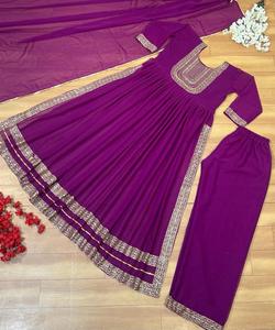 Vêtements de fête lourds-Robe indienne en coton lin rayonne soie Georgette avec broderie Chinon et Dupatta léger - Product Image 2