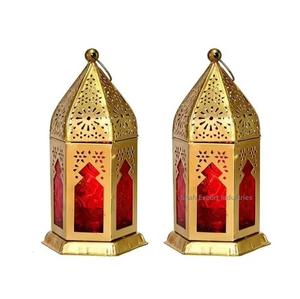 Lanterne en métal noir avec lanterne marocaine suspendue en verre de couleur orange pour la maison Ramadan éclairage décor - Product Image 5