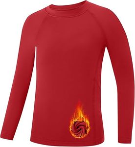 Camiseta Térmica de Compresión para Niños, Manga Larga, Roja, con Diseño de Llamas, Poliéster Resistente, Traje de Baño Juvenil - Product Image 1
