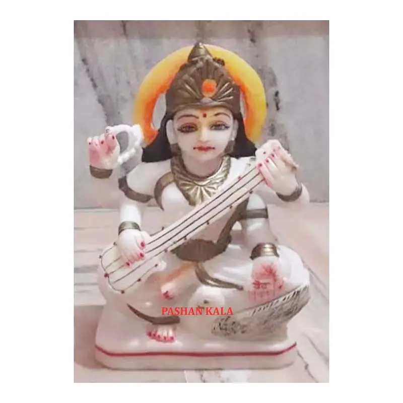 Most Beautiful Handmade Saraswati White Marble With Sitting And golden Mukut Goddess Statue For Office And Temple Decorative