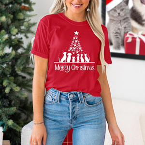 Linda camiseta navideña para amantes de las mascotas para mujer, vacaciones con camiseta roja de perro y gato, estampado de árbol transpirable, informal festivo perfecto - Product Image 6