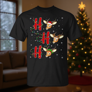 T-shirt de Noël moche avec motif cerf et lumières Ho Ho Ho pour les fêtes, unisexe, adulte, manches courtes, col rond, numérique - Product Image 3