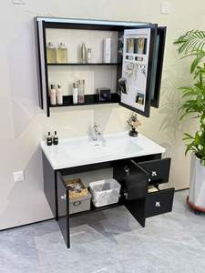 Ensemble de meuble-lavabo de salle de bain moderne haut de gamme en MDF laqué avec portes en verre de style crème français résistantes à l'eau - Product Image 6