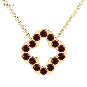Trendy Jewelry Four-leaf Open Clover Necklace in 14K Solid Gold and Genuine Red Garnet High end Clover Jewelry for Her