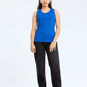 Débardeur décontracté en coton tricoté uni bleu pour femmes, débardeur respirant pour femmes, vente en gros de débardeurs pour femmes - Product Image 4