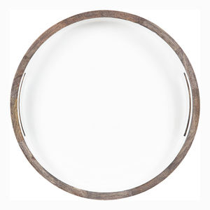 Bandeja redonda de madera moderna de 15 pulgadas con lavado gris y detalles en blanco para decoración de transición del hogar y servicio elegante a bajo precio - Product Image 4