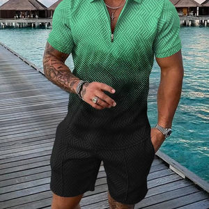 Ensemble d'été pour homme : Chemise en flanelle respirante et short – Style urbain, en polyester et coton tricoté, couleur unie, sans couture, personnalisable - Product Image 3