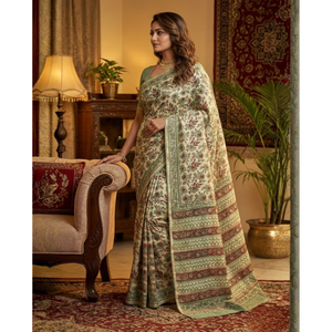 Sari ethnique en Chanderi à imprimé floral avec chemisier, style traditionnel, tissu en mousseline - Product Image 2