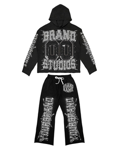 Vente en gros personnalisée en détresse délavé à l'acide bord coupé entièrement en strass fermeture éclair ourlet brut sweats à capuche pantalon baggy fabricant ensemble de survêtements - Product Image 3