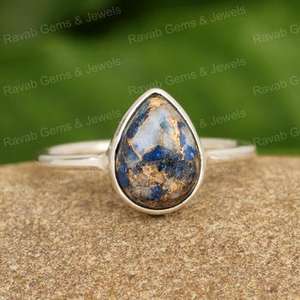 Natural <b>Lapis</b> <b>Lazuli</b> Copper Gemstone 10x14mm Pear Cabochon Solid 925 Sterling Silver High Quality Handmade Women's <b>Ring</b> - Product Image 3
