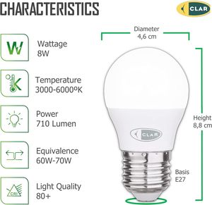 Clar-<span class=keywords><strong>e27</strong></span> dẫn bóng đèn 8W, 6W, kích thước nhỏ, tương đương với 60W-70W tiết kiệm năng lượng chiếu sáng trong nhà - Product Image 2