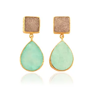 Good quality natural sugar druzy brass gold plated square pear shape double stone dangle stud earrings bohemian fashion earrings