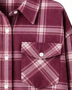 Camisa Oversize de Franela a Cuadros para Mujer, Borgoña, Manga Larga, Casual, con Bolsillos, Suave, Otoño-Invierno, Venta al por Mayor - Product Image 5