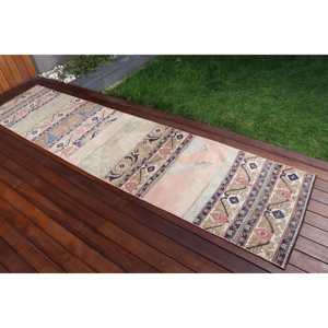 Alfombra Vintage, Alfombra Turca de 2.3x10.1 pies, Alfombra de Lana con Diseño Floral Azul y Rosa - Product Image 2