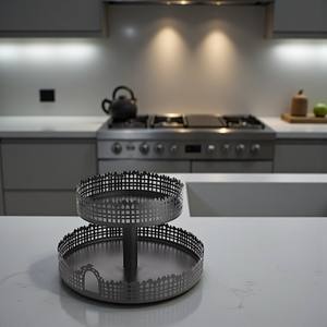 Exhibidor de Pasteles de Dos Niveles con Diseño de Valla de Hierro, Elegante Exhibidor de Postres Negro para Halloween con Detalles de Puerta, Perfecto para Decoración de Fiestas Espeluznantes - Product Image 2