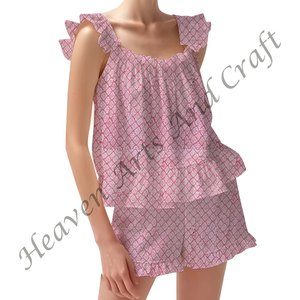 Conjuntos de pijama corto para mujer, ropa para el hogar, 100% algodón, Primavera/Verano, conjunto de pijama con tirantes florales ajustados, mangas con volantes - Product Image 2