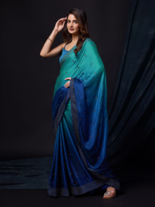 Sari indien non cousu pour femmes Trendmalls, en soie Rangoli, broderie lourde, double teinte, coupe régulière, toutes saisons, fête, mariage - Product Image 3