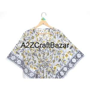 Mini Kaftán Hecho a Mano con Estampado Floral, Algodón Ecológico Lavable, Ropa de Dormir Natural, Kimono, Vestido, Pareo Corto para Playa - Product Image 3