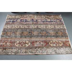 Classique Beige Bleu Rayé Laine Tapis À La Main 4.2 X 5.8ft Rectangulaire Viscose En Peluche pour Chambre Patchwork Motif Latex Support - Product Image 3