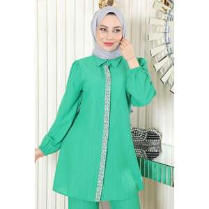 Ensemble 2 pièces décontracté vert MSW19195-4 avec détails en pierre, hauts mi-longs, col rond, manches longues, 100 % polyester - Product Image 2