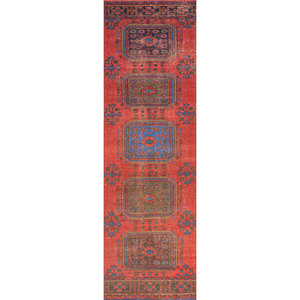 Tapis en laine noués à la main de grande taille, style vintage, motif médaillon rouge et orange, pour salon ou couloir - Pae-2530 - Product Image 1