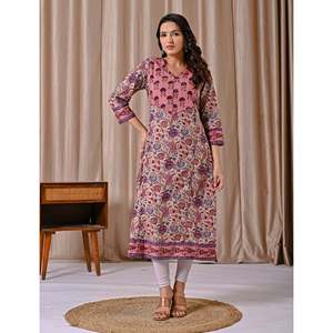 Kurti droit en coton imprimé gris et rose, respirant et décontracté, avec taille naturelle - Product Image 3