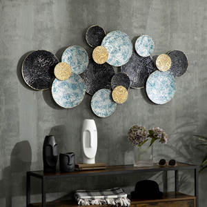 Décoration murale en métal 3D HOMCOM, art mural circulaire 133x66cm, bleu, noir et or - Product Image 2