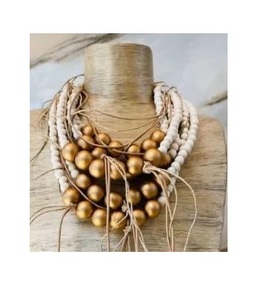 Collier en bois de résine de perles dorées fait à la main cordon de coton vintage dernier collier en bois pour les femmes cadeau de noël - Product Image 1
