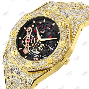 Reloj esqueleto de moissanita dorado de lujo con pulsera helada, esfera abierta y intrincado diseño mecánico de moissanita - Product Image 2
