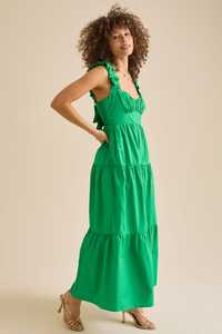 Sin espalda largo elegante cuello cuadrado volante suelto ajuste sin mangas con elástico verano Casual señoras hasta la rodilla verde escalonado Maxi - Product Image 4